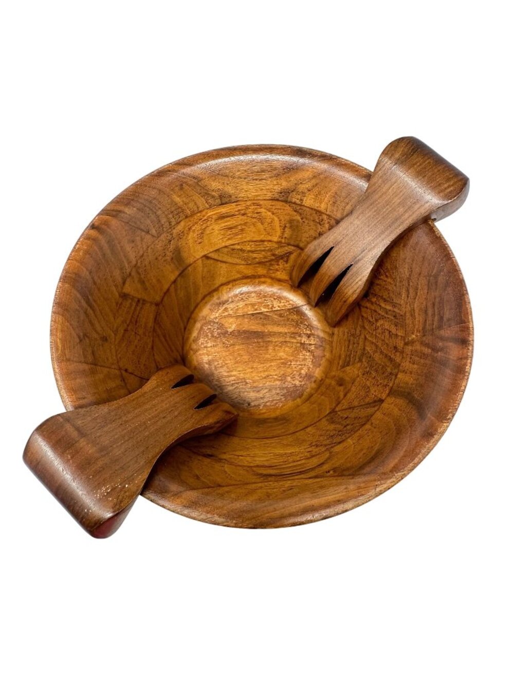 Vintage MCM Burl Walnut Salad Bowl With Hanging Utensils Billings Missouri